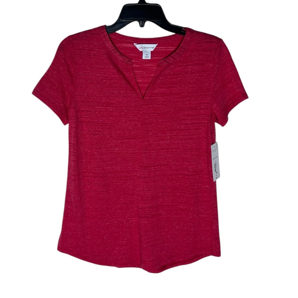 Liz Claiborne Cabaret Red Split Neck Short Sleeve Slub Knit T-Shirt XS NWT
